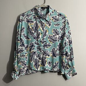 Mode Women’s L Green Leaf Print Crop Top Long Sleeve Boho Naturecore
